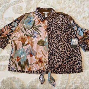 NWT John Mark PXL Animal/floral Multi color Print Button up, Tie Front Top-2.063